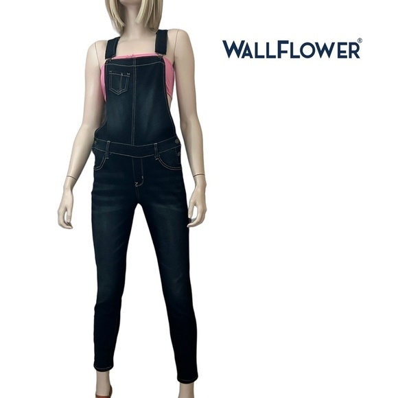 Wallflower Denim Jeans Overalls Bib Strappy Dark Wash Indigo Skinny Leg Stretch - Picture 12 of 15